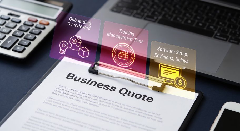A clipboard with a business quote sheet, a calculator, a pen, a laptop, and three digital workflow icons labeled onboarding, training, and software setup, ideal for evaluating virtual assistant cost and streamlining your processes.
