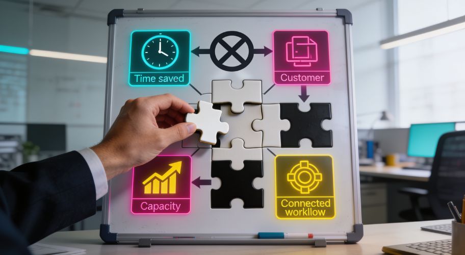 A hand places a puzzle piece on a whiteboard showing icons labeled time saved, customer, capacity, and connected workflow in an office setting, highlighting the benefits of reducing virtual assistant cost for increased efficiency.