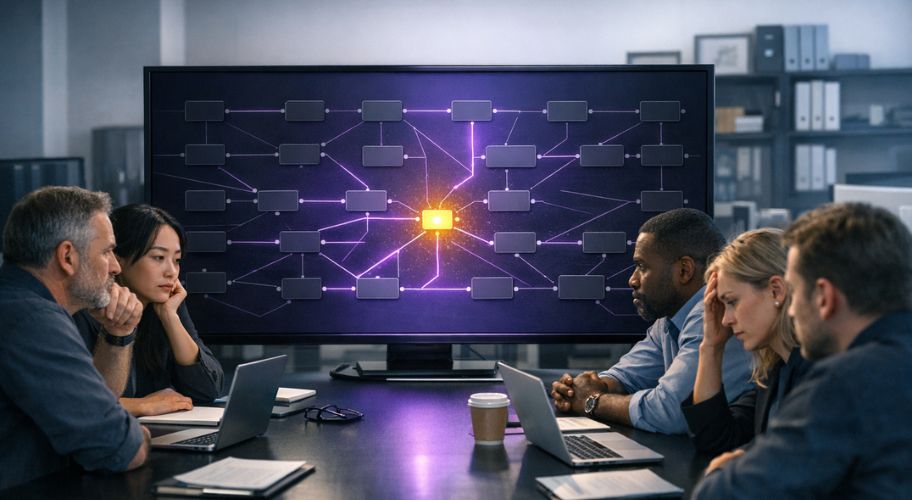 Five people sit around a table with laptops, looking at a large screen displaying a network diagram with connected nodes and a bright central point, as they discuss how to build an AI workforce.