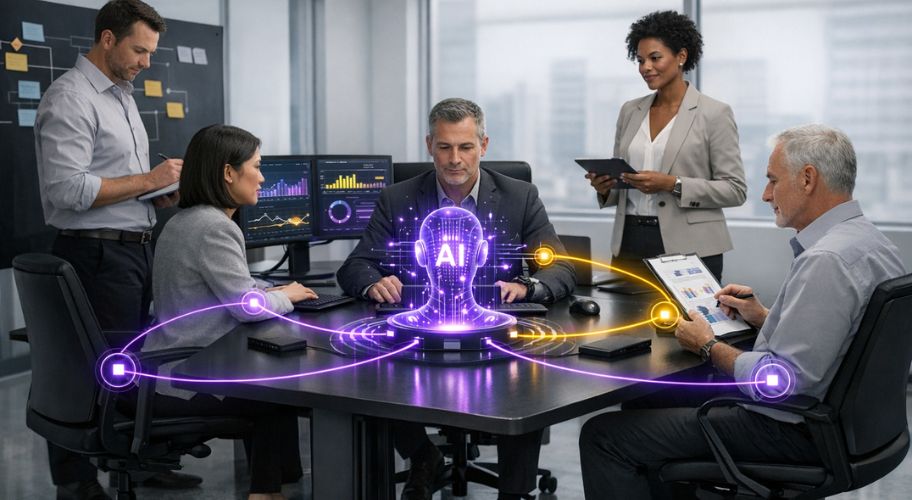 Five business professionals interact with digital devices around a table, with virtual graphics illustrating AI technology and data connections in the center of the group, reflecting strategies on how to build an AI workforce.