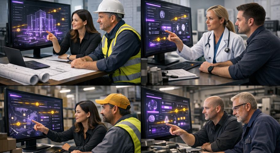 Four pairs of professionals from various fields collaborate at desks, reviewing complex digital data on large computer screens in a modern office setting, offering a glimpse into how to build an AI workforce through interdisciplinary teamwork and advanced technology.