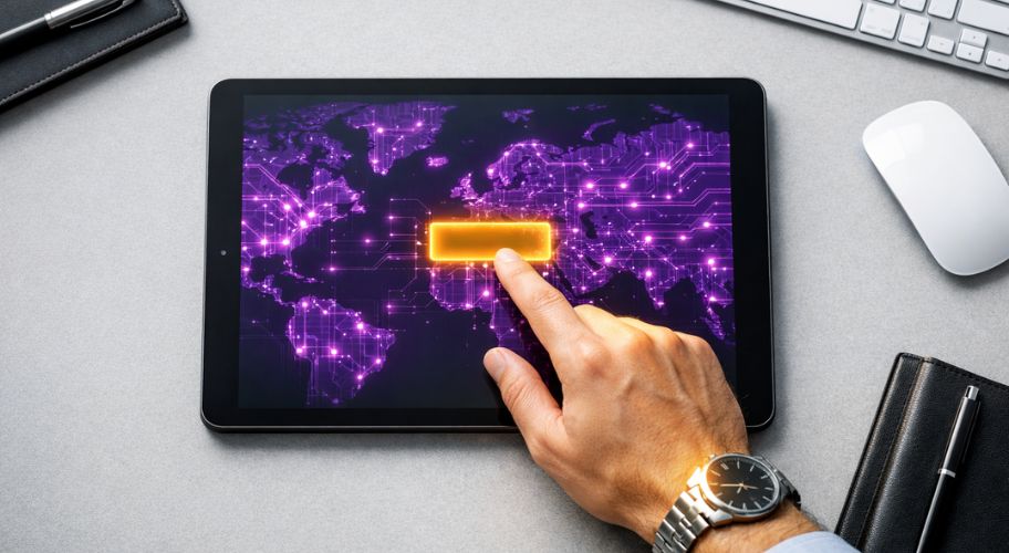 A person touches a glowing yellow bar on a tablet displaying a digital world map with purple network lines, surrounded by office items on the desk, an image reflecting how to build an AI workforce in today’s interconnected world.