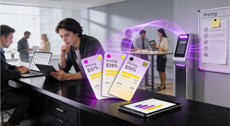 A person works at a desk with digital devices and dynamic pricing cards, while others interact with a pricing kiosk and a wall chart in a modern office, discussing solutions such as ai receptionist cost to streamline operations.
