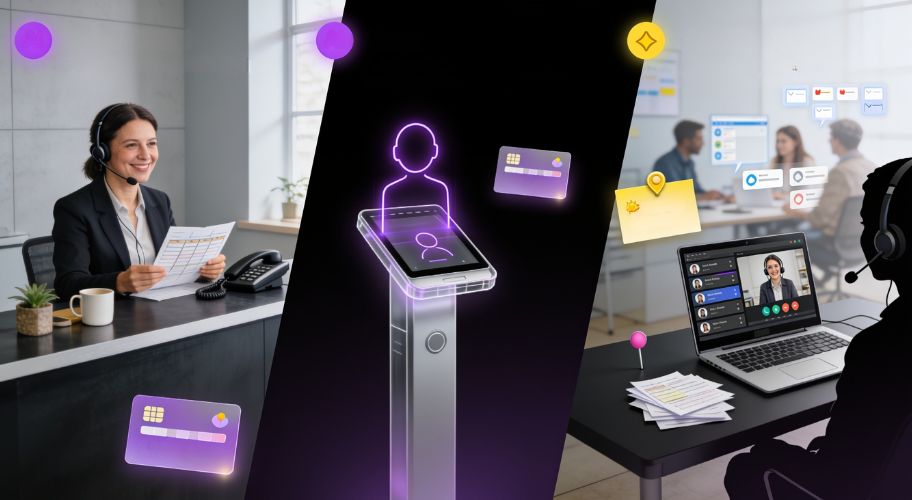 Two people in offices on video calls, divided by a digital interface with floating icons representing data, security, and communication; the scene subtly highlights how solutions like an AI receptionist cost can streamline interactions.