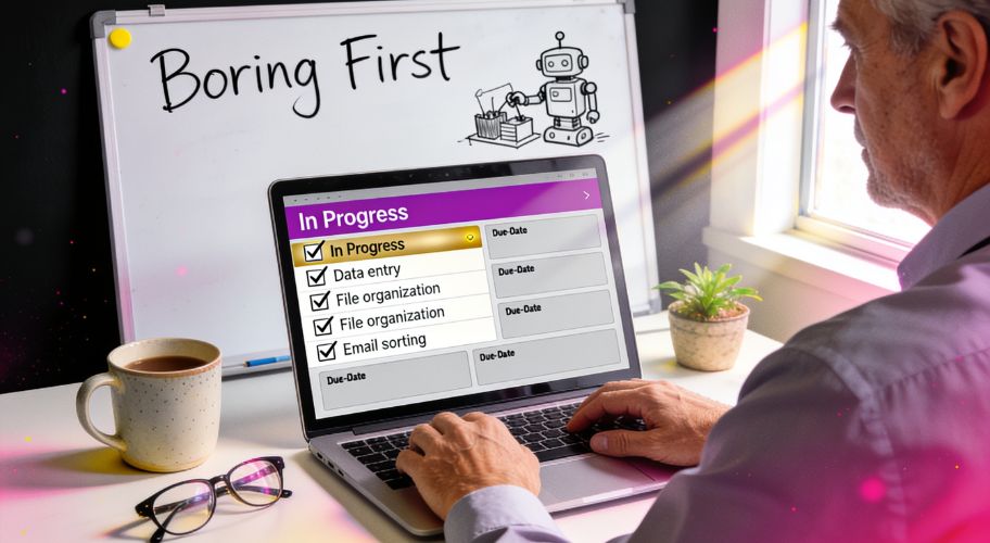 Person types on a laptop with a task list on screen, leveraging ai for business operations; a whiteboard behind reads “Boring First” and shows a cartoon robot drawing.
