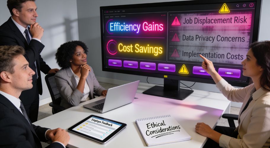 Four professionals discuss AI for business operations, viewing a screen displaying pros and cons such as efficiency gains, cost savings, job displacement risk, data privacy concerns, and implementation costs.