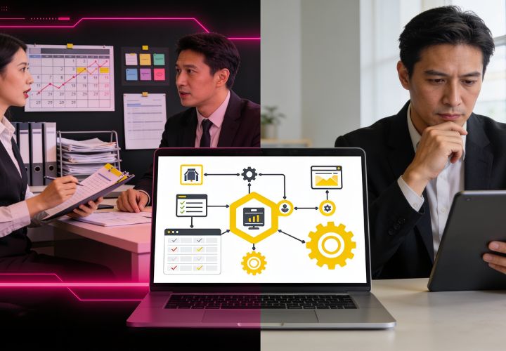 A split-screen shows two business professionals at a desk on the left, considering whether to hire admin assistant or automate, while a man works alone with a tablet on the right, exploring how to automate his tasks. A laptop with business graphics is in the foreground.