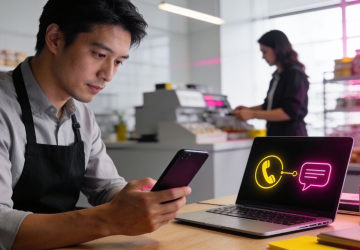 Man in apron looks at phone beside a laptop displaying phone and message icons, perhaps noticing a missed call text back; woman works at counter in background.
