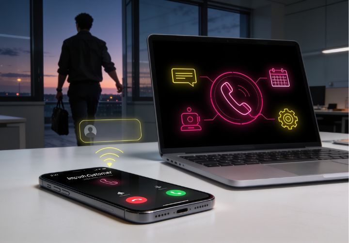 A smartphone showing an incoming call from a customer sits on a desk next to a laptop displaying neon phone and communication icons—highlighting the importance of after-hours call answering—in an office at dusk.