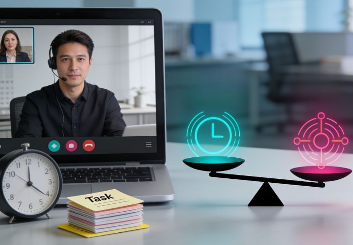 Two people on a video call appear on a laptop screen, with a clock, task notes, and a scale showing a clock and target icons—elements that represent effective time and goal management in a work setting, while also highlighting factors like virtual assistant cost as businesses consider optimizing productivity.