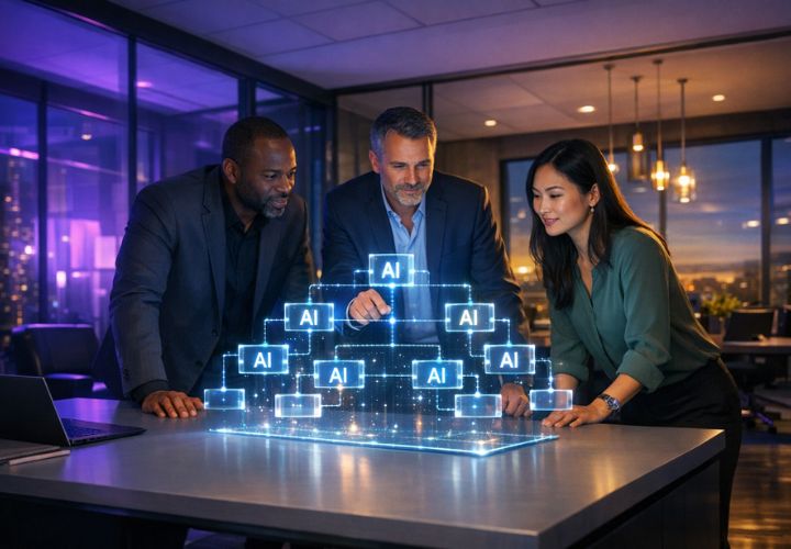 Three business professionals examine a digital pyramid display of AI blocks in a modern office at night, with city lights visible through large windows—an illuminating discussion on how to build an AI workforce unfolding right before their eyes.