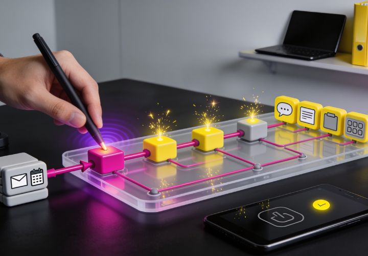 A hand uses a stylus to activate glowing blocks on a digital workflow diagram powered by n8n for business, with icons for calendar, chat, tasks, and documents; a smartphone and laptop are nearby.