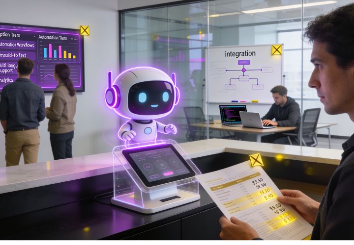 A man holds a document near a glowing robot on a counter in a modern office, highlighting the innovative atmosphere where inquiries about AI receptionist cost are addressed, with people working and tech diagrams visible in the background.