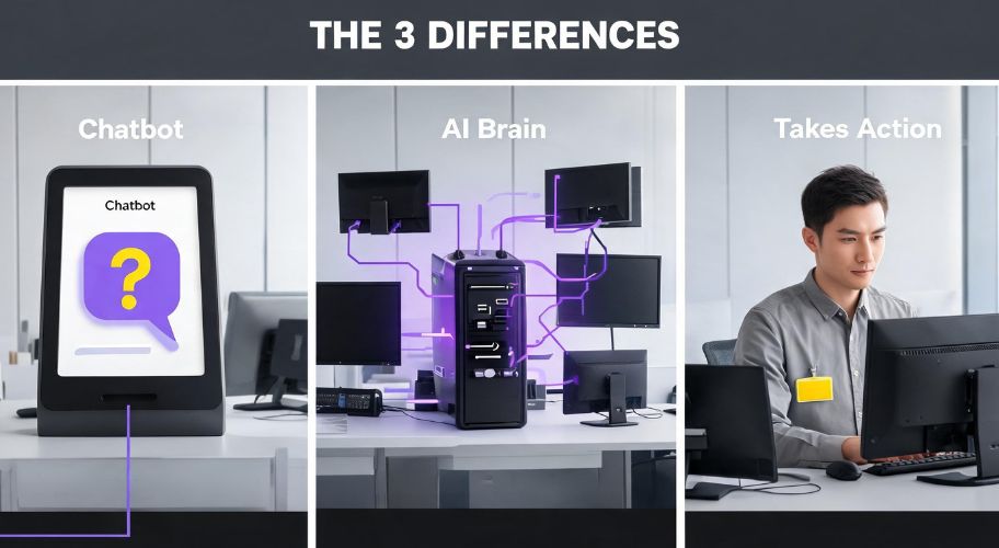 AI brain vs chatbot explained in a three-part graphic comparing a chatbot, a connected AI brain, and a system that takes action.