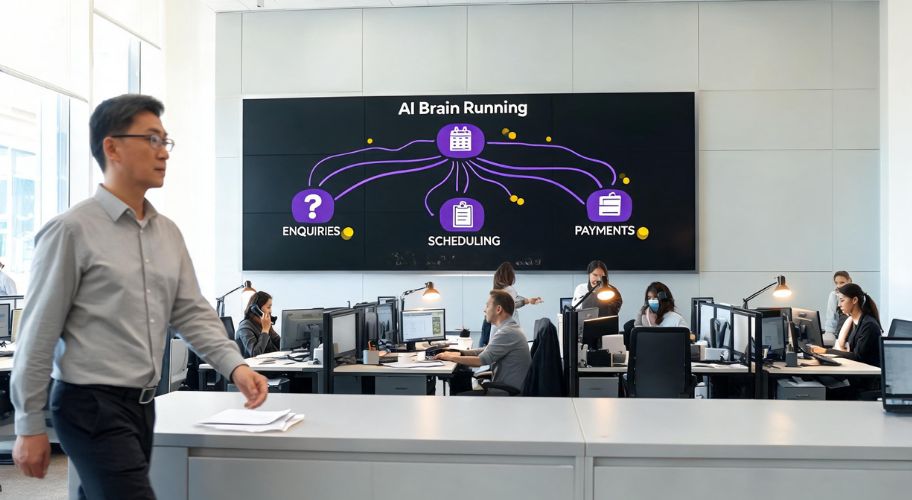 AI brain vs chatbot shown in an office dashboard connecting enquiries, scheduling, and payments through an AI brain.