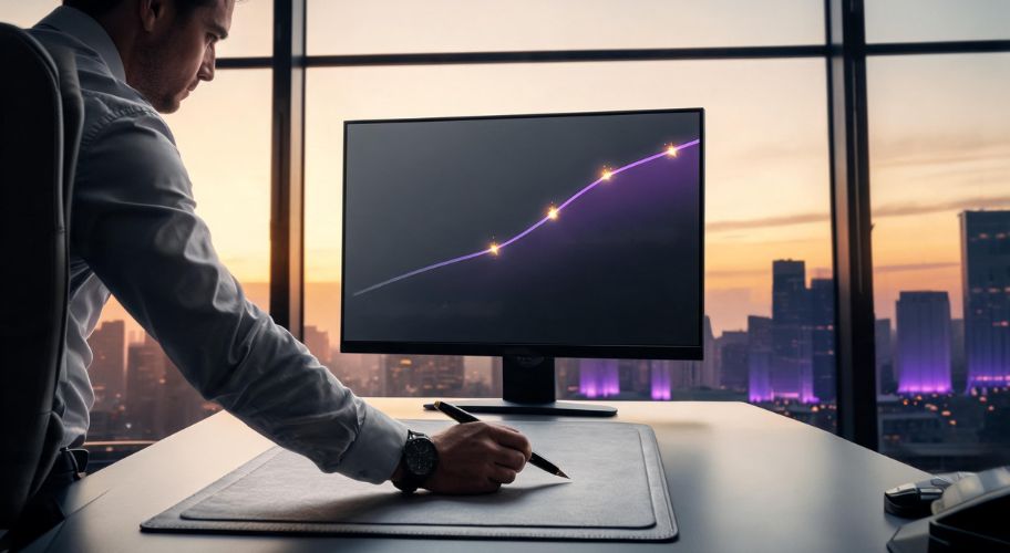 AI brain vs chatbot illustrated by a professional reviewing a rising performance graph on a computer monitor.