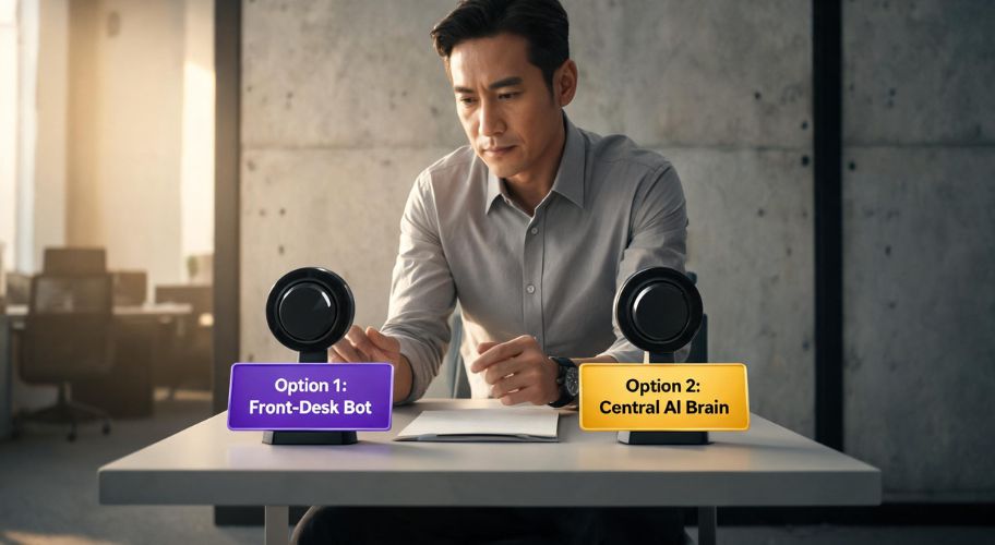 AI brain vs chatbot compared with two desktop assistants labelled “Front-Desk Bot” and “Central AI Brain” as a professional evaluates both options.