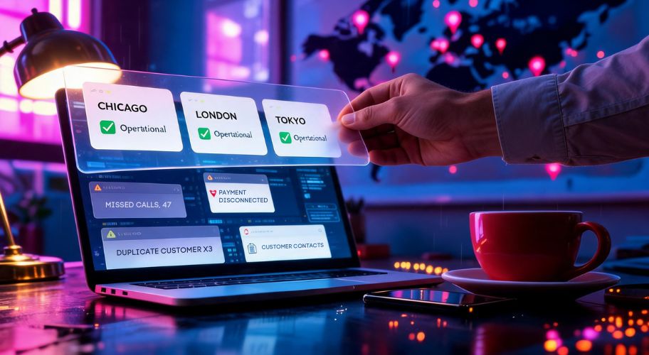 AI automation for multi-location business shown on a laptop dashboard connecting operational status across Chicago, London, and Tokyo.
