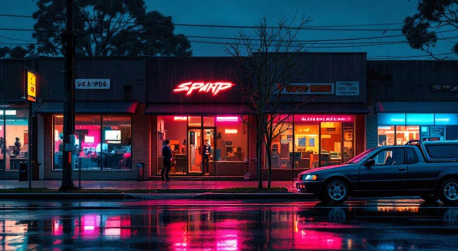 AI automation for multi-location business shown across a row of illuminated storefronts representing connected local branches.