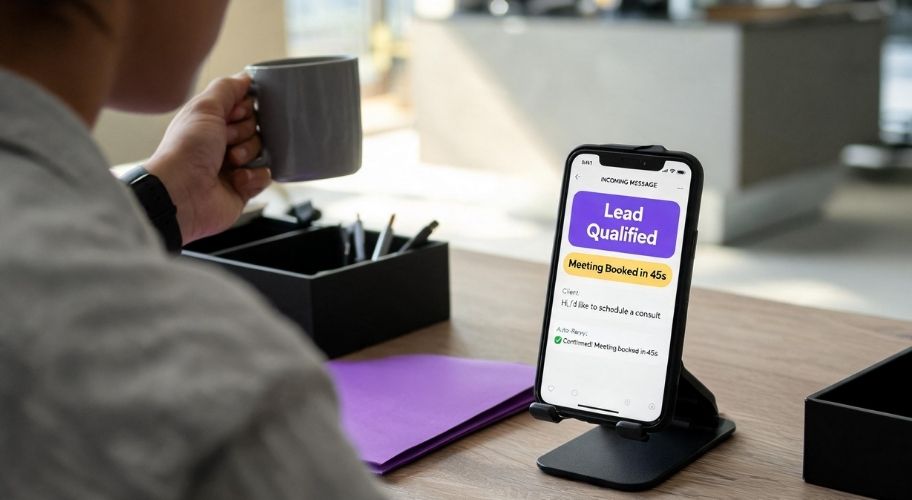 A person holding a mug sits at a desk with a smartphone on a stand showing “Lead Qualified” and meeting details, illustrating agentic workflow examples for managing incoming leads.