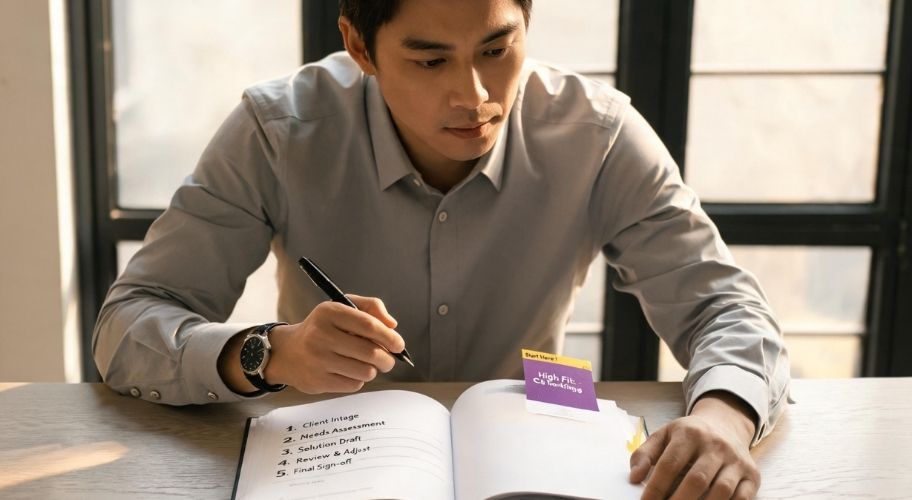 A man sits at a desk writing in a notebook with a checklist near a daylight window, reviewing agentic workflow examples for business operations.