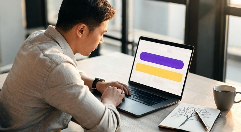A man types on a laptop at a wooden table with a notebook nearby; the screen displays two horizontal bars, one purple and one yellow, as he uses AI as a thinking partner to organise his ideas.
