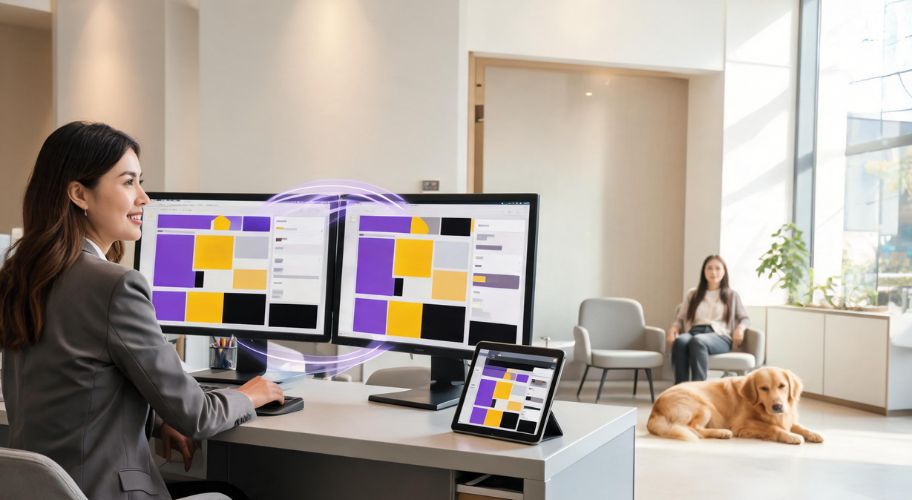 Veterinary clinic staff member reviewing connected digital systems while a dog waits in the reception area, illustrating AI for veterinary clinics.