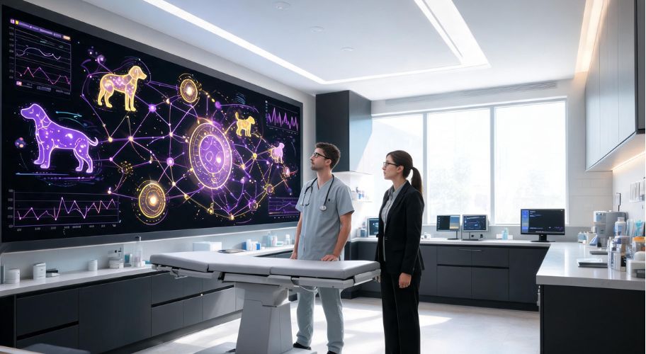 Veterinarian and clinic manager examining an AI-powered animal health dashboard in a modern treatment room, showcasing AI for veterinary clinics.
