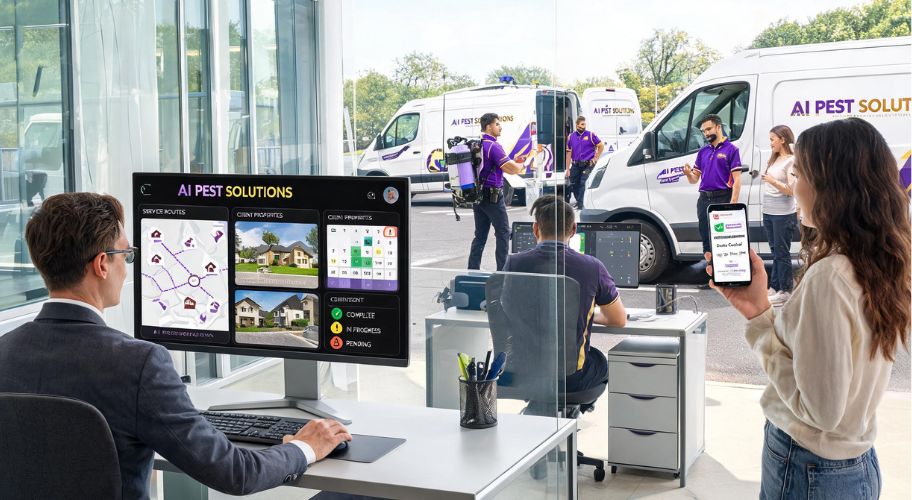 Operations team coordinating service routes, property inspections, and technician dispatches using AI for pest control businesses.