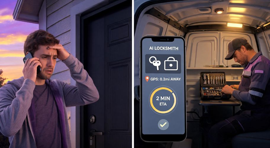 Locked-out customer requesting help while an AI for locksmith service shows the technician’s location and estimated arrival time.