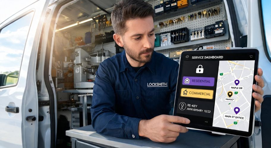Locksmith reviewing residential and commercial service locations on a mobile dashboard using AI for locksmiths.