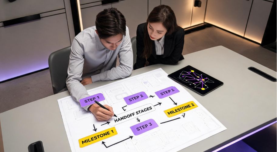 How to automate client onboarding with two professionals mapping handoff stages, steps, and milestones on a workflow diagram.