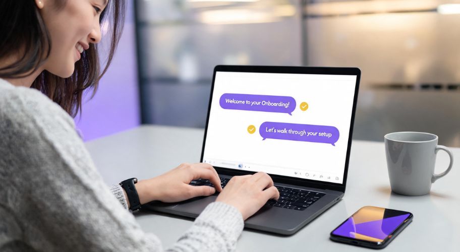 How to automate client onboarding with a woman completing an interactive setup process on a laptop beside a smartphone.