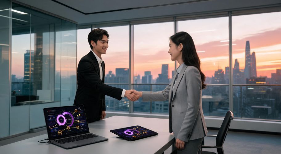How to automate client onboarding with two professionals shaking hands beside a laptop and tablet displaying workflow analytics in a modern office.