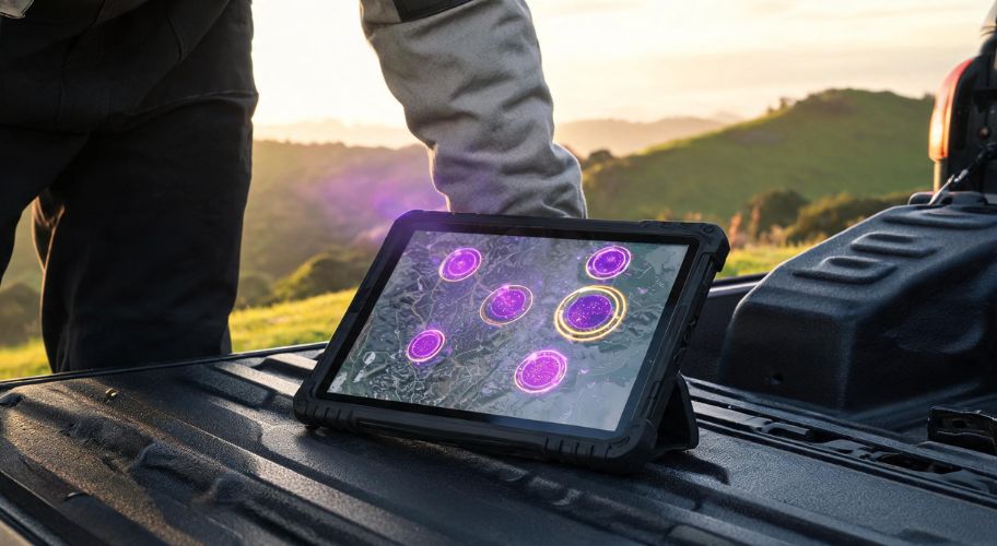 AI for tradies NZ displayed on a rugged tablet showing marked locations on a map beside a work vehicle in a rural landscape.