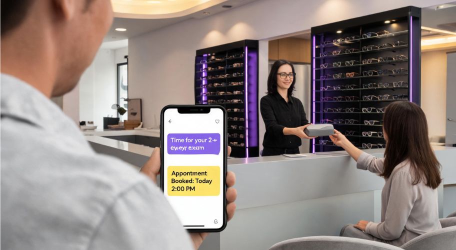 AI for optometrists shown on a smartphone with an eye exam reminder and appointment booked confirmation at the store counter.