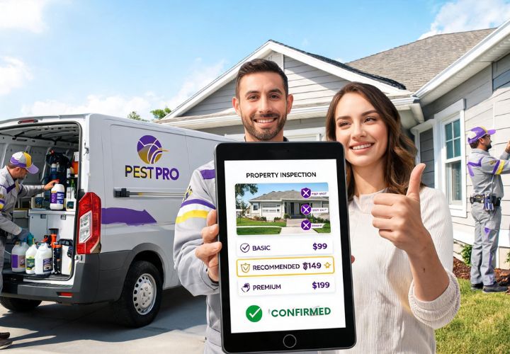 Pest control technician presenting digital property inspection pricing on a tablet using AI for pest control businesses.