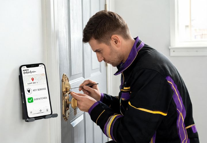 Locksmith repairing a door lock while a mobile app displays the customer address, key service, and dispatch status using AI for locksmiths.