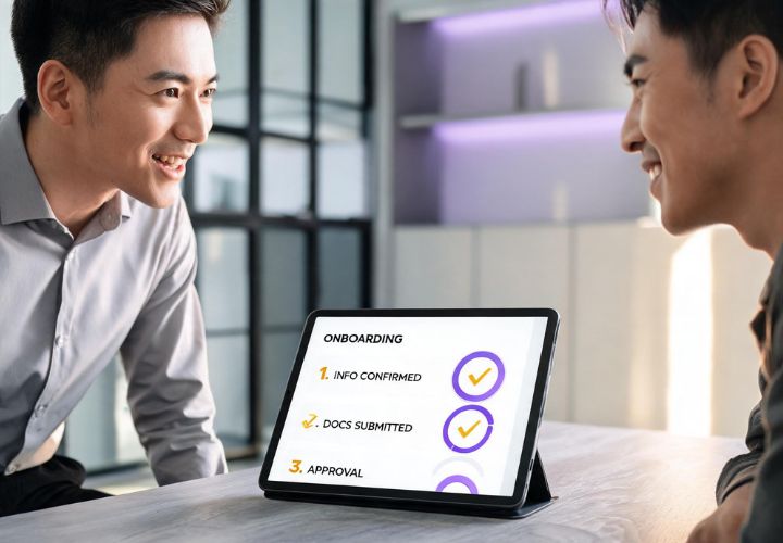 How to automate client onboarding with two professionals reviewing a tablet showing information confirmation, document submission, and approval stages.