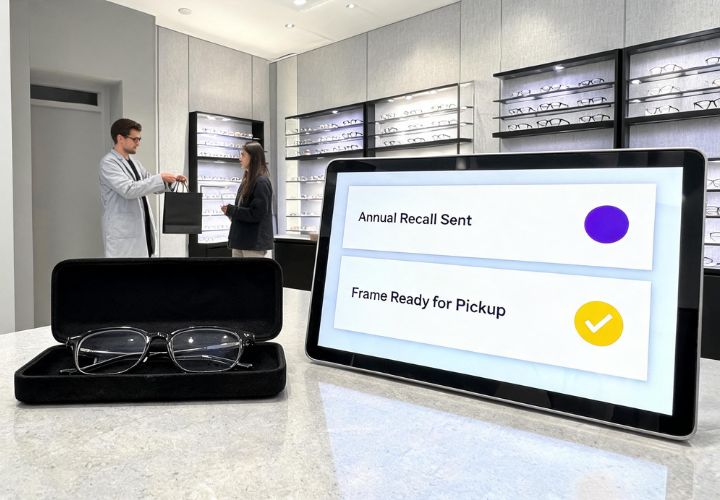 AI for optometrists displayed on a tablet showing an annual recall sent and a frame ready for pickup notification.