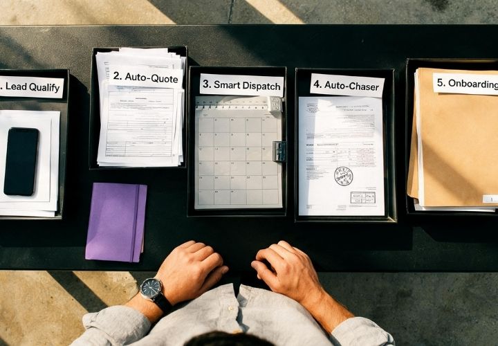 A person sits at a desk with five labeled trays containing paperwork and folders: Lead Qualify, Auto-Quote, Smart Dispatch, Auto-Chaser, and Onboarding—demonstrating agentic workflow examples in action.