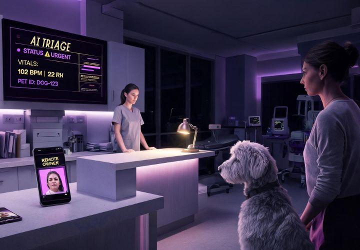 Veterinary receptionist assisting a client and dog with an AI triage system displaying urgent patient information, demonstrating AI for veterinary clinics.