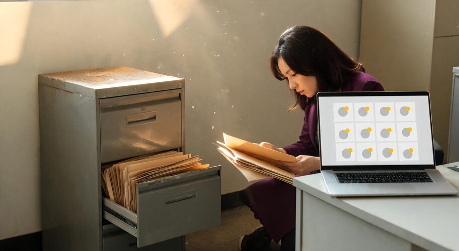 An old filing cabinet with an open drawer and overflowing folders in a small office highlights where agentic workflow examples can replace manual information handling.