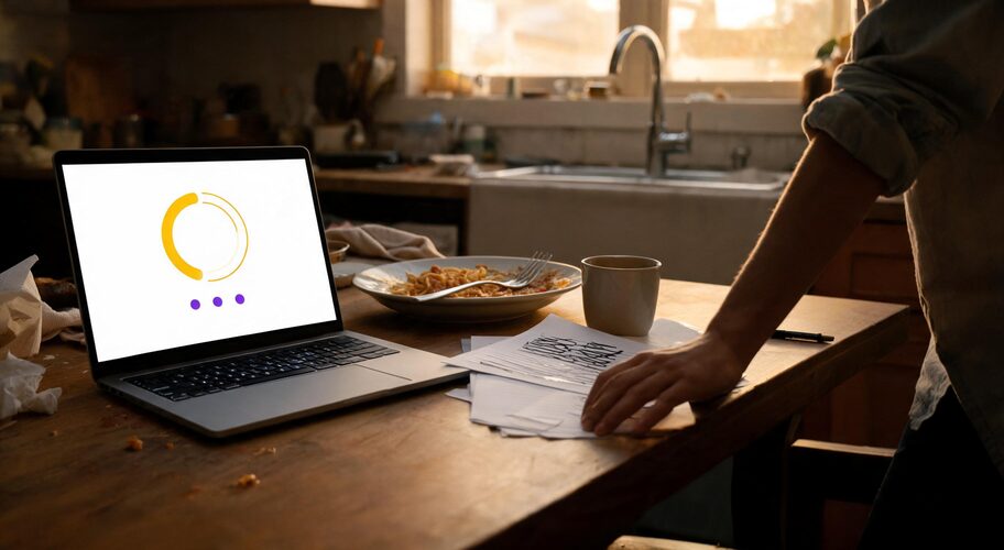 A cluttered kitchen table holds a laptop, half-eaten dinner, and a printed one-page list with most items crossed out, reflecting how AI as a thinking partner can help organise priorities.