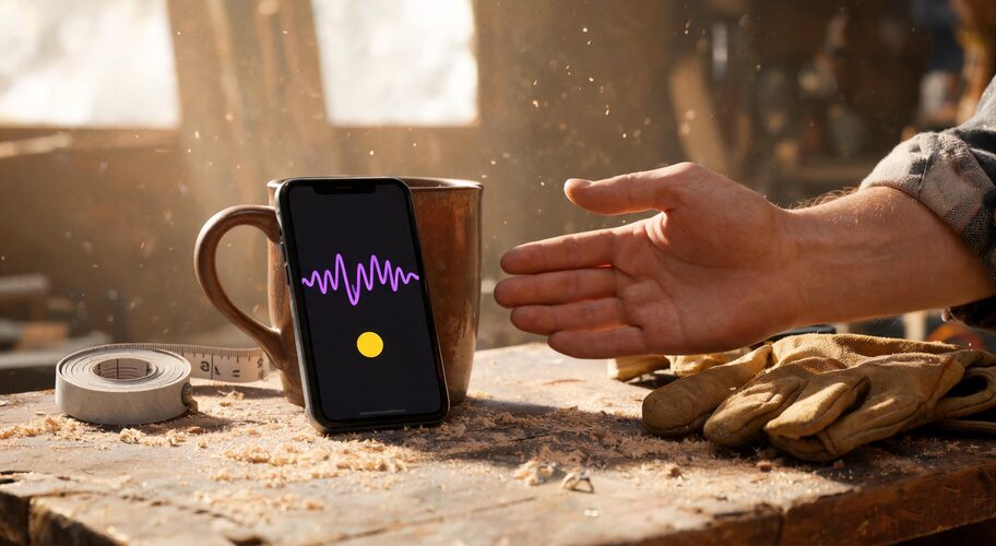 A phone rests against a coffee mug on a workshop bench, recording a voice note among sawdust and a tape measure as AI as a thinking partner captures ideas.