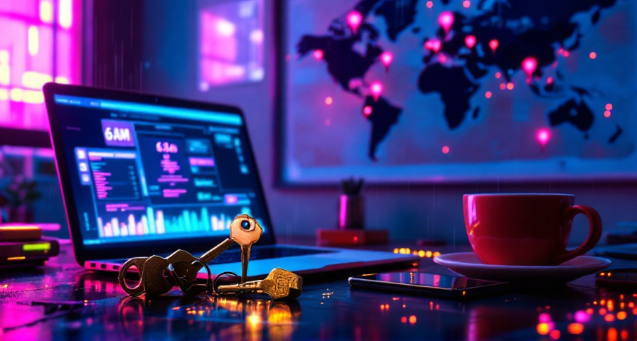 AI automation for multi-location business represented by a laptop dashboard displaying connected branch activity beside office keys.