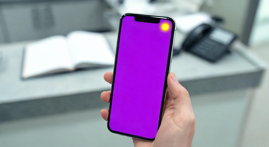 A hand holds a mobile phone showing a missed call notification, with a busy reception desk out of focus behind it and an unattended appointment book open on the counter, highlighting the need for AI automation maintenance.
