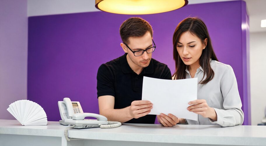 A dentist and a practice manager stand at a reception counter reviewing a printed page together, with appointment cards fanned out beside a landline handset, illustrating the importance of AI automation maintenance.
