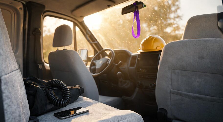 A mobile phone lies face down on the passenger seat of a work van beside an open tool bag and coiled cable, late afternoon light through the windscreen, hinting at how AI for electricians can manage messages between jobs.