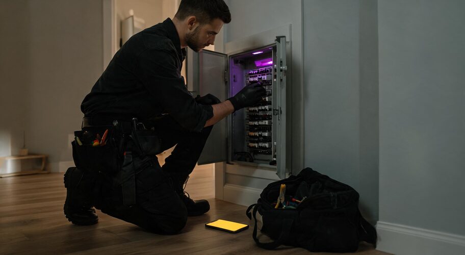 An electrician kneels in front of an open switchboard in a suburban hallway, phone on the floorboards beside a tool bag, showing the moments AI for electricians is designed to support.
